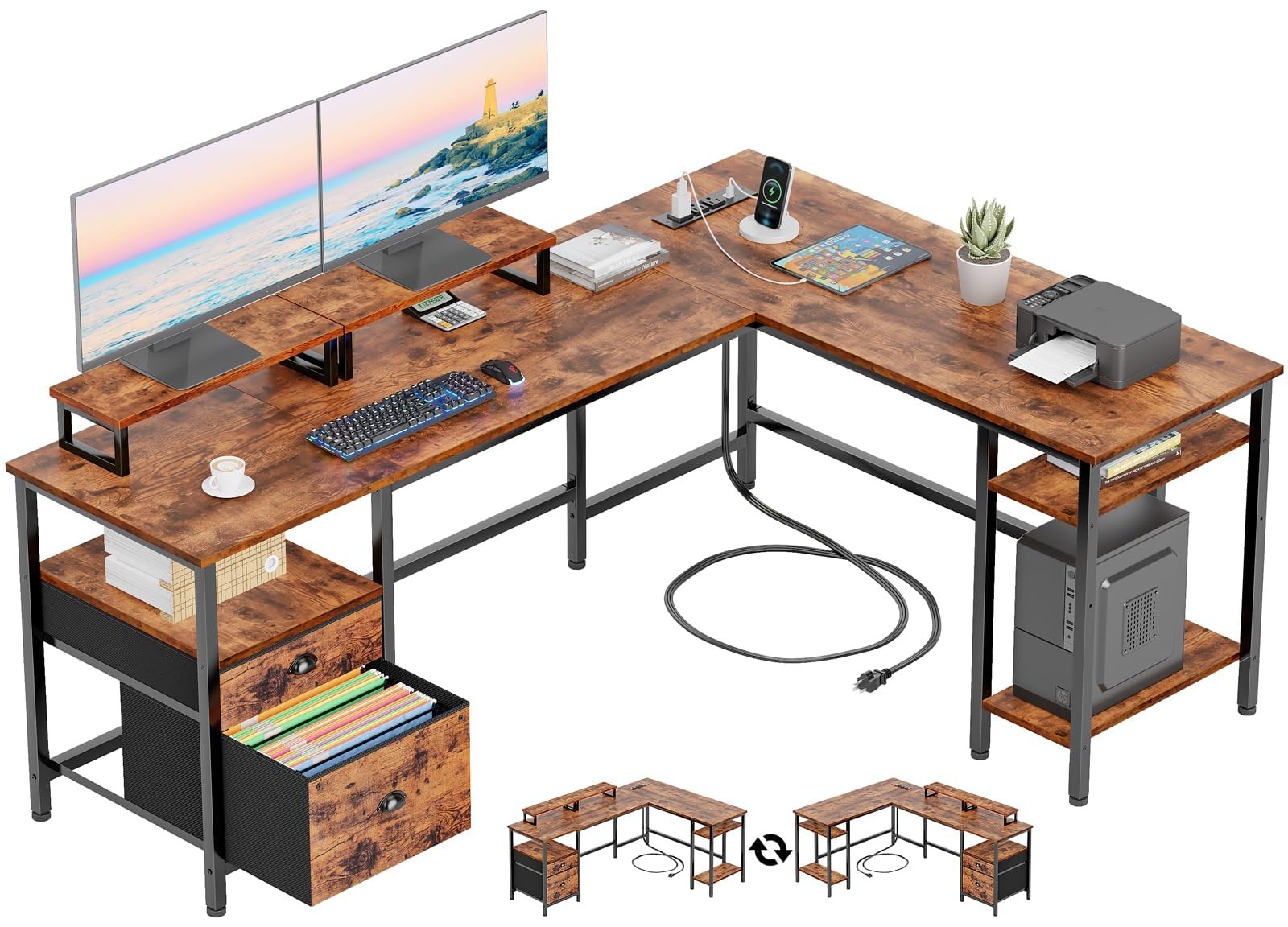 Furologee 66” L Shaped Desk with Power Outlet, Reversible Home Office Desk with File Drawer, 2 Monitor Stands, Storage Shelves, Corner Computer Table for Gaming, Writing, Rustic Brown - Product Image