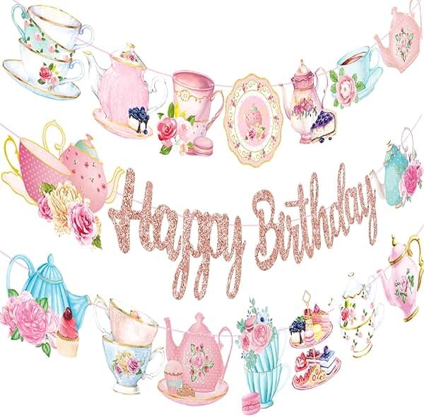 Tea Party Birthday Banner Rose Gold Tea Themed Happy Birthday Banners Floral Mother's Day Party Decoration Teapot Cutout Banner for Afternoon Tea Baby Shower Supplies - Product Image