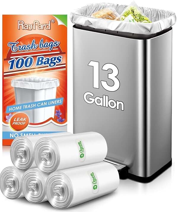 13 Gallon 100 Counts (fit 12-15 Gal) Strong Tall Kitchen Trash Bags Garbage Bags by RayPard, fit 50 Liter Waste Basket, Clear Trash Bags Can Liners for Home Office Bathroom Bedroom - Product Image