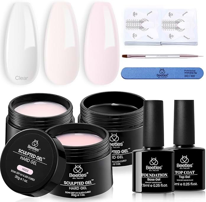 Beetles Builder Gel for Nails-3 Colors 9 in 1 Nail Extension Sculpting Building,Clear Nude Pink Hard Gel Kit with Base Top Coat for Pros,Gifts for Women,UV & LED Lamp Cured Needed - Product Image
