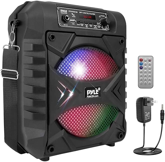 Pyle Portable Bluetooth PA Speaker System, 300W Rechargeable Outdoor Bluetooth Speaker Portable PA System w/ 8” Subwoofer, AUX, Microphone in, Party Lights, MP3/USB, Radio, Remote - Product Image