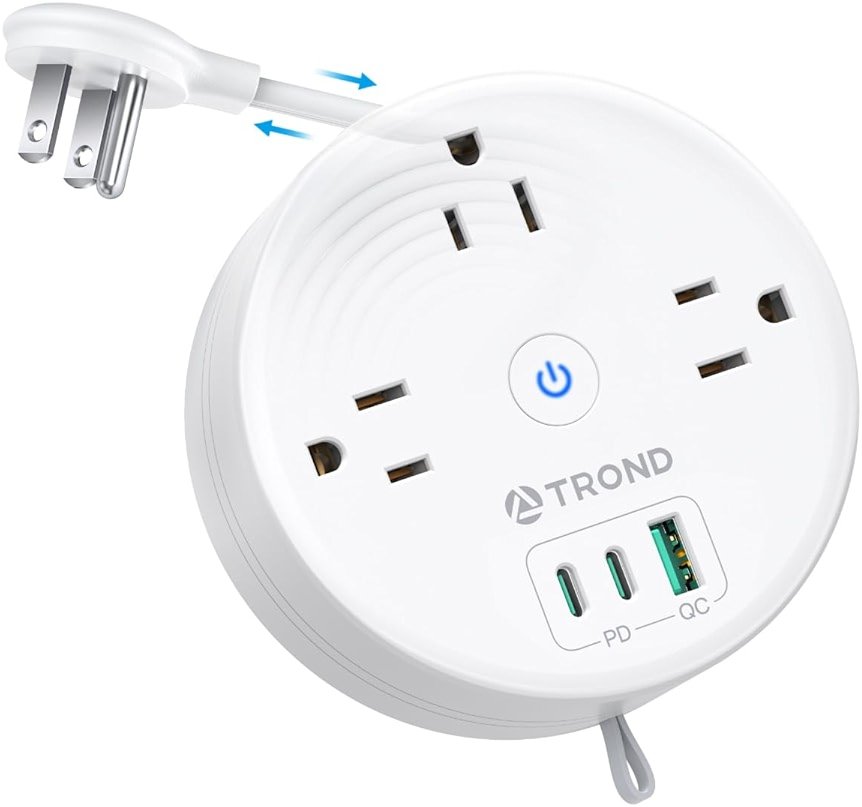 TROND 20W USB C Travel Power Strip - Retractable Extension Cord 5ft Ultra Thin Flat Plug, Power Strip with 3 AC Outlets and USB C Fast Charging, Cruise Ship Essentials, for Home Hotel Dorm Room, White - Product Image