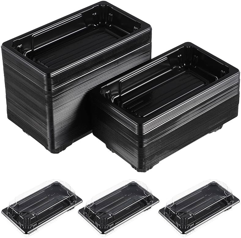DOITOOL 100PCS Small with Clear Lid, Black Sushi Trays With Lids, Disposable Sushi Packaging Box, Black Plastic To Go Containers, Entrees, Appetizers Or Dessert - Product Image