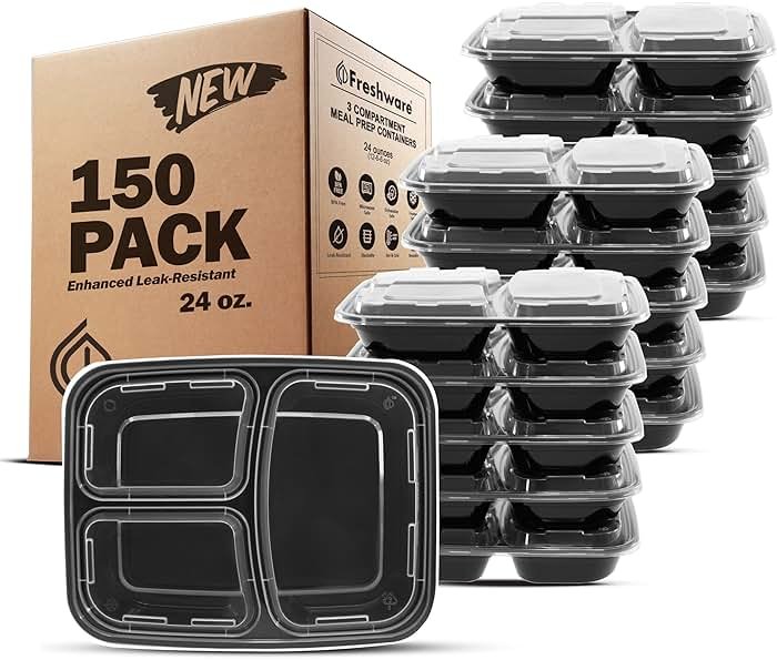 Freshware Meal Prep Containers [150 Pack] 3 Compartment with Lids, Food Storage Containers, Bento Box, BPA Free, Stackable, Microwave/Dishwasher/Freezer Safe (24 oz) - Product Image