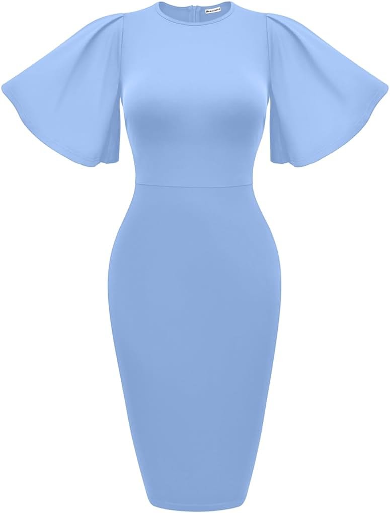 Memoriesea Women's Basic Bodycon Ruffle Flared Short Sleeve Pencil Midi Dress - Product Image