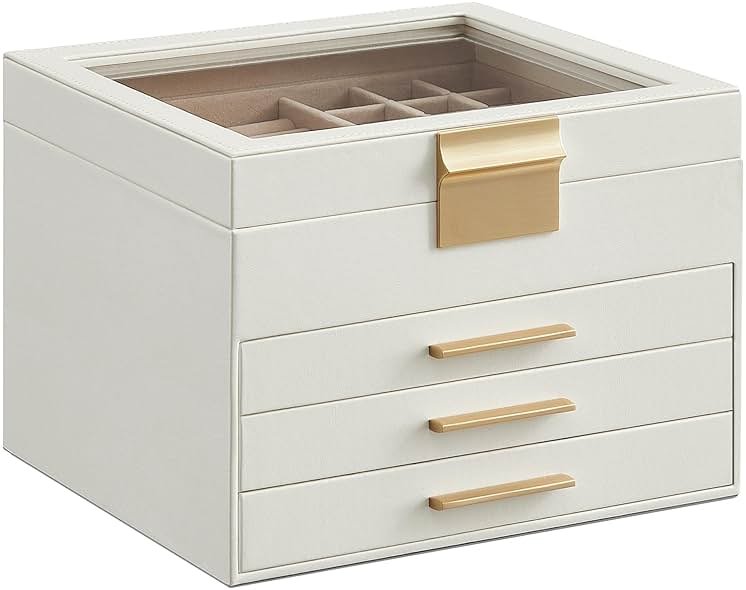 SONGMICS GISELLA Collection - Jewelry Box Organizer with Glass Lid, 4-Layer Jewelry Storage, with 3 Drawers, Modern Style, 8 x 9.1 x 6.5 Inches, Cloud White and Gold Color UJBC173W01 - Product Image