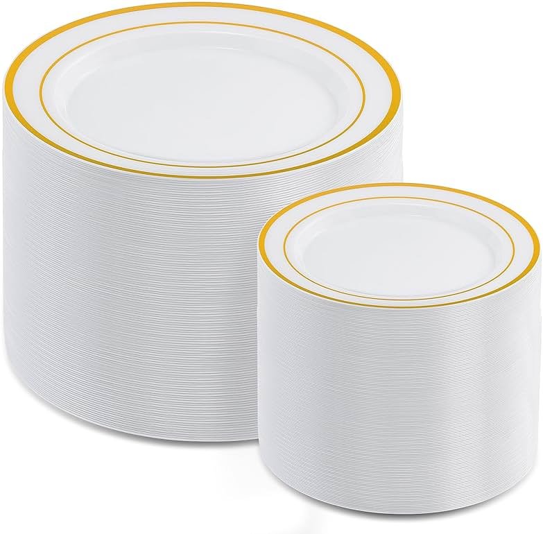 AOZITA 200PCS Gold Plastic Plates Set, Heavy Duty Disposable Plates for Party & Wedding, Includes 100 Dinner Plates and 100 Dessert Salad Plates, Elegant White with Gold Rim Dinnerware - Product Image