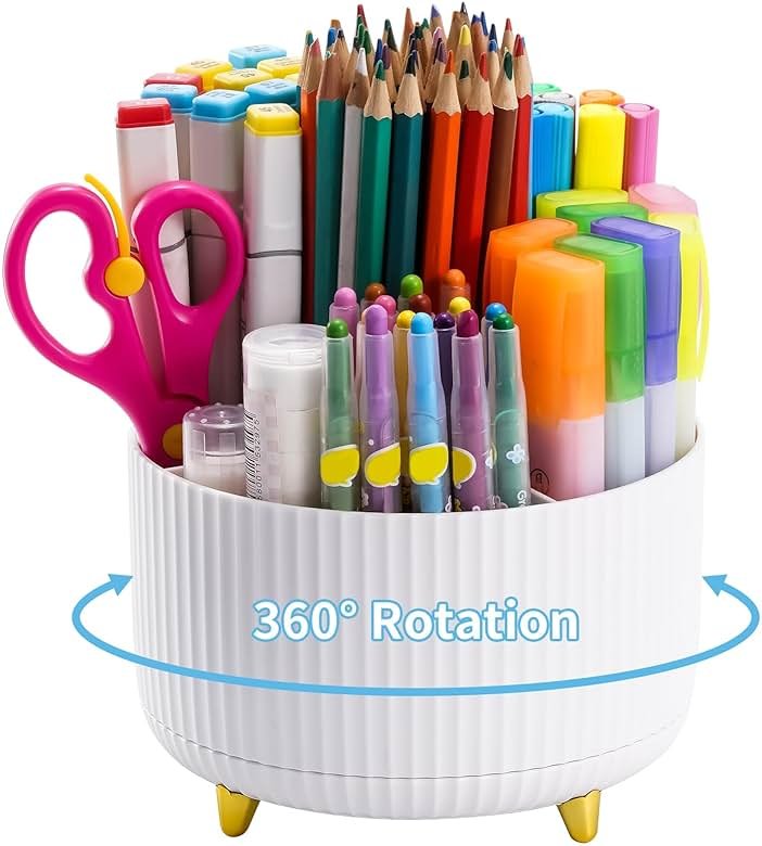 Marbrasse Desk Organizer, 360-Degree Rotating Pen Holder, Desk Organizers and Accessories with 5 Compartments Pencil Holder, Art Supply Storage Box Caddy for Office, Home（White） - Product Image