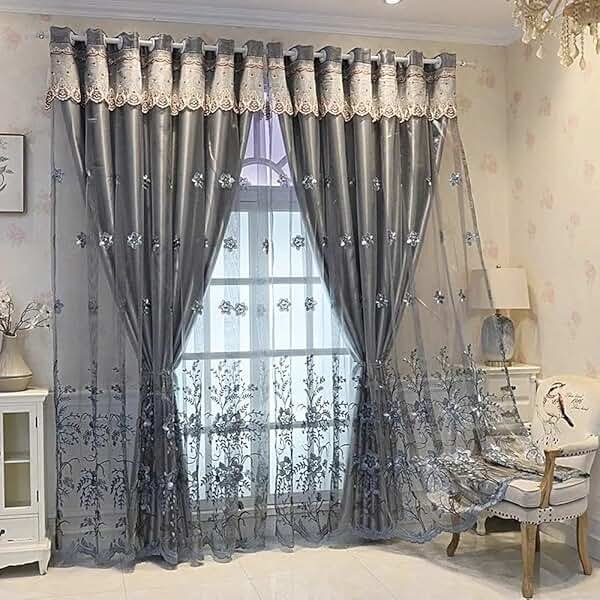 Amidoudou 1 Pair European Double Layer Curtains for Living Room Bedroom Luxury Flower Embroidered Curtains with Valance (Grey,54x96 Inch) - Product Image