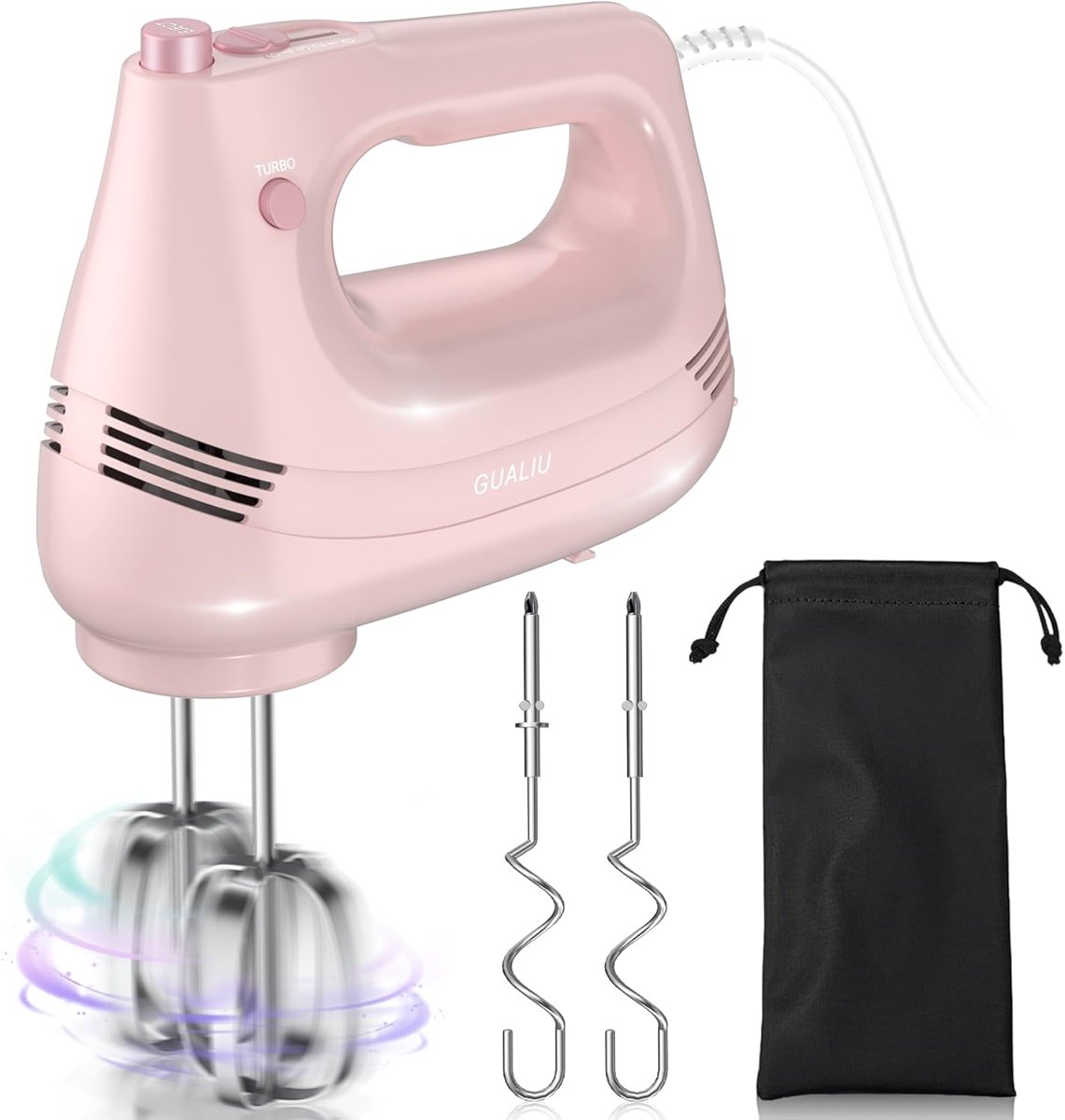 GUALIU Electric Hand Mixer with Stainless Steel Whisk, Dough Hook Attachment and Storage Bag, Handheld Mixer for Baking Cakes, Eggs, Cream Food Mixers. Turbo Boost /5 Speed Kitchen Blender PINK - Product Image
