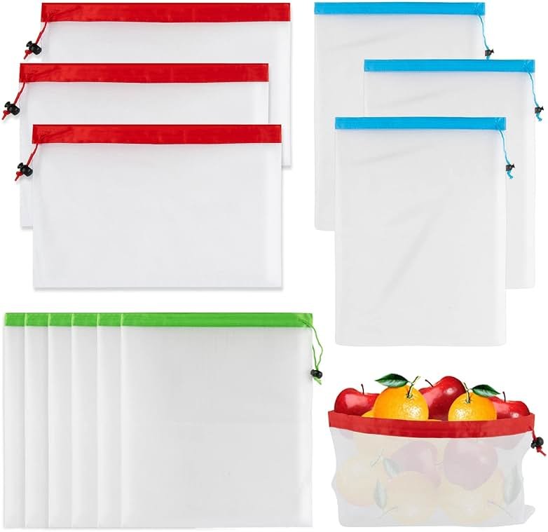 MAQIHAN 12PCS Reusable Produce Bags - Mesh Produce Bags Drawstring Reusable Washable Vegetable Storage Bags Refrigerator Keep Fresh Grocery Food Fruits Veggie Green Net Bag Toy Storage Zero Waste Shop - Product Image