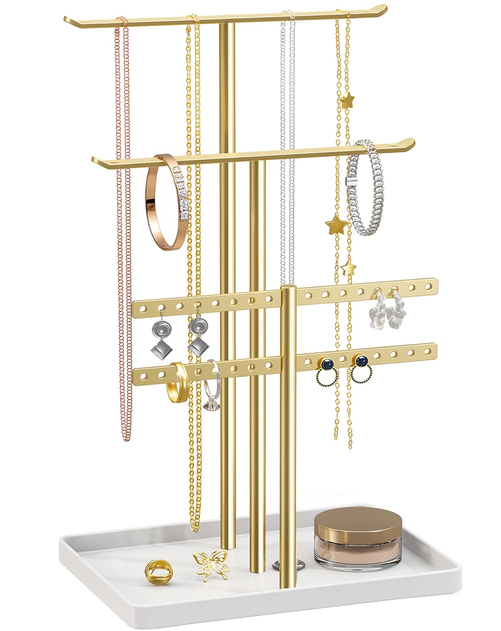 pickpiff 3-Tier Gold Jewelry Stand Holder Organizer: 12.5" Sturdy Hanger for 80 Pcs Jewelry, Jewlery Tower for Display Necklace, Earring, Bracelet, Watch - Product Image