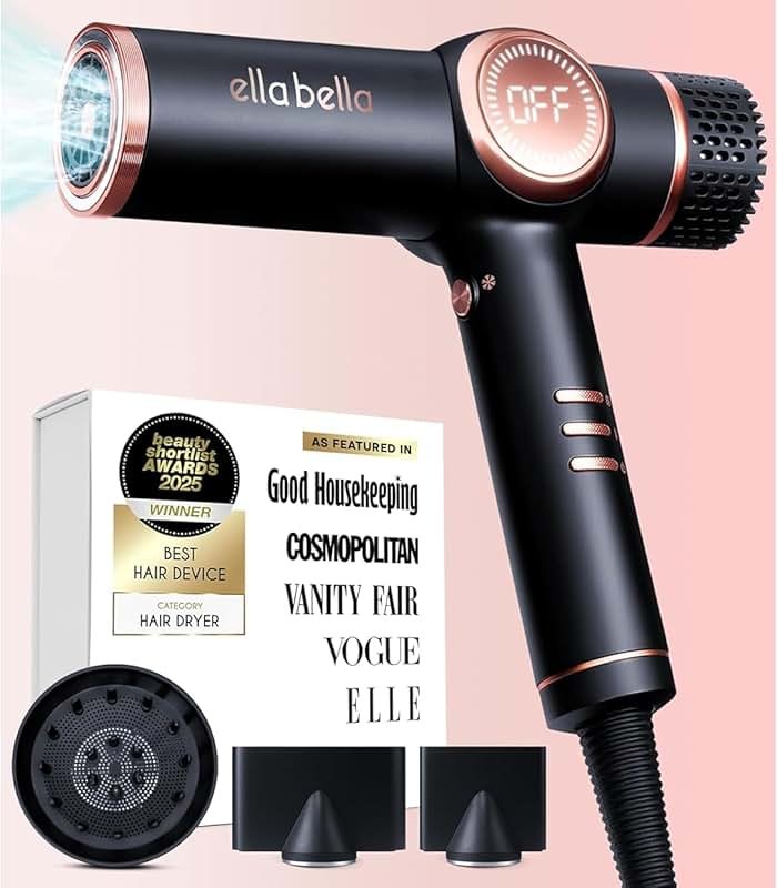 ELLA BELLA® Professional Ionic Hair Dryer with Diffuser • Negative Ion Blow Dryer • Suitable All Hair Types • Intelligent Heat Control & Rapid Drying Speeds • Lightweight Design • Low Noise Technology - Product Image