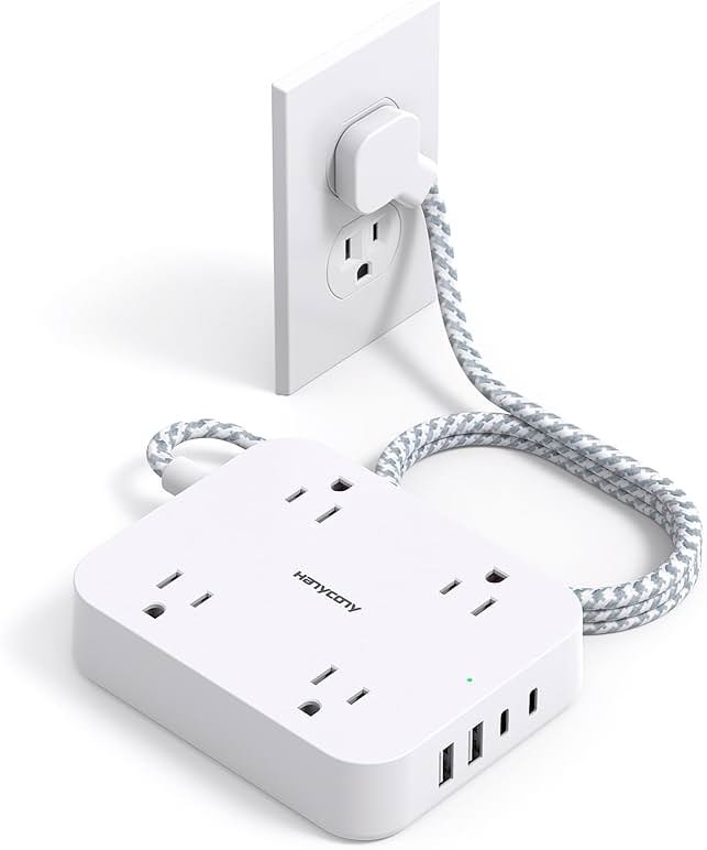 Flat Plug Extension Cord, HANYCONY 5ft Power Strip with 4 USB Ports(2 USB C), 4 Widely Outlets Extender, Wall Mount, Desk Charging Station for Office School Travel Dorm Room Essentials, ETL Listed - Product Image
