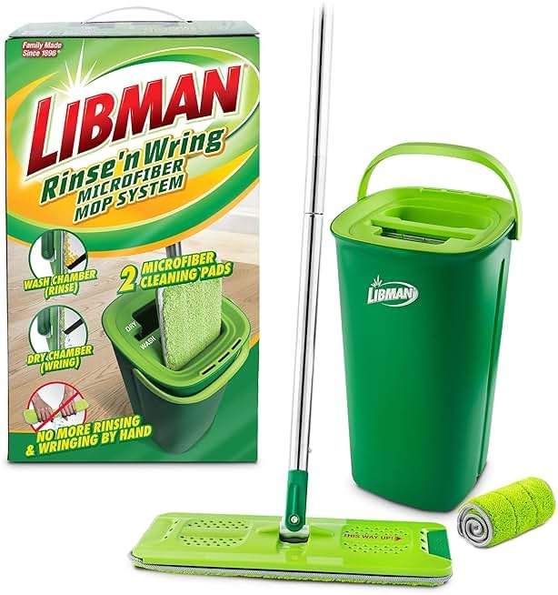 Libman Rinse 'n Wring Mop and Bucket System, Microfiber Dry Wet Mop for Floor Cleaning, Hardwood, Laminate, Tile Cleaner, Dual Chamber Bucket Design, 2 Total Refill Replacement Head Pads - Product Image