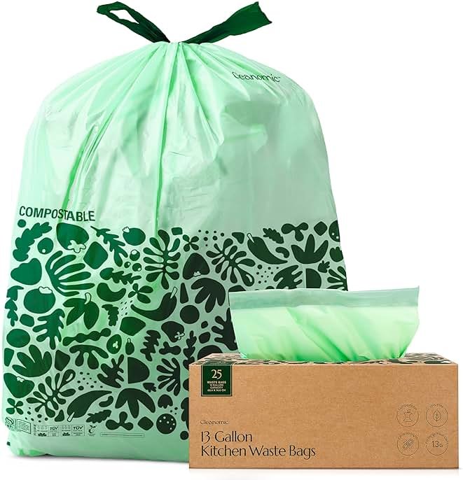 Cleanomic Compostable* Trash Bags with Drawstring (13 Gallon, 25 Units, Tall), BPI Certified For Kitchen Compost - Product Image