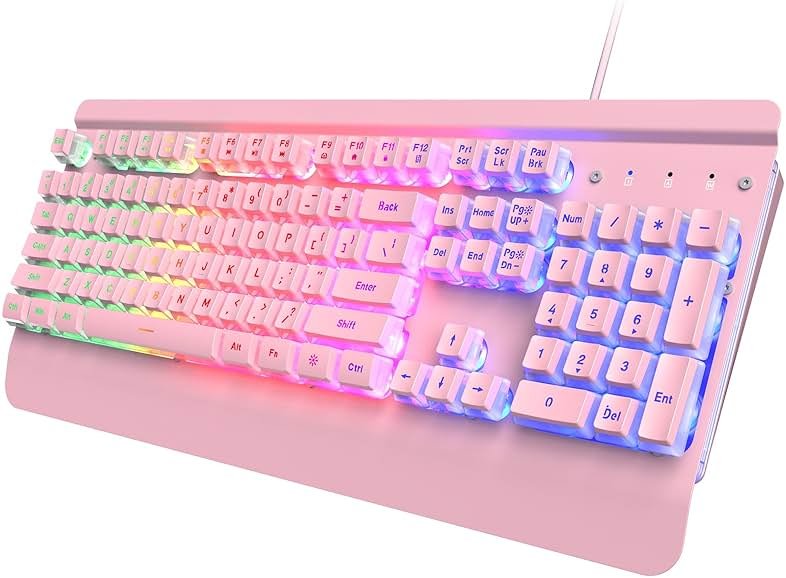 Dacoity Pink Creamy Keyboard, 104 Keys All-Metal Panel, Rainbow LED Backlit Silent Gaming Keyboard, Wrist Rest, PBT Keycap, Anti-ghosting Keys, Light Up USB Wired Computer Keyboard for PC - Product Image