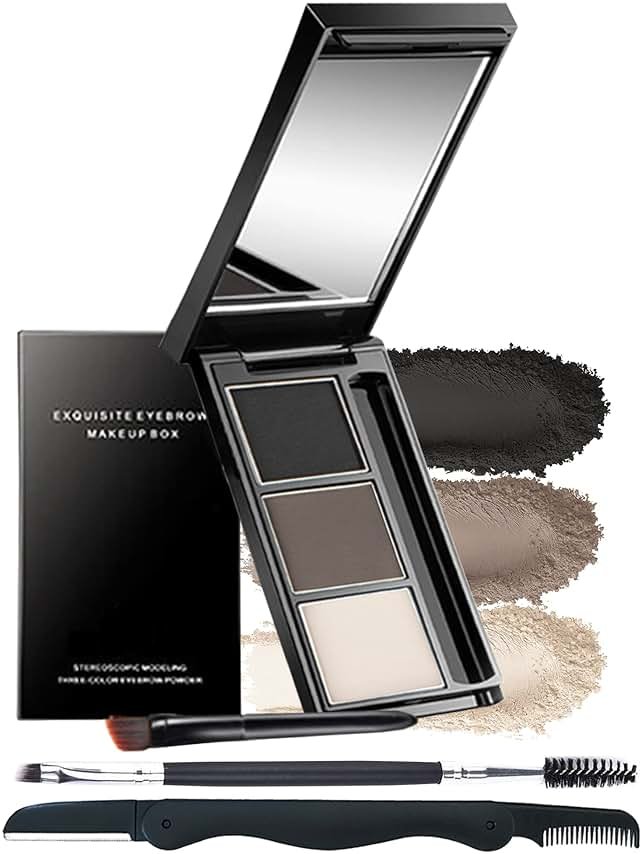 Eyebrow Powder Makeup Kit-3 Colors Eye Brow Powder Palette Long-Lasting Waterproof, Black Brown Series Brow Powder, Fill & Sculpt Full Eyebrows for Women, With Mirror, Brow Brush & Razor-Set 01 - Product Image