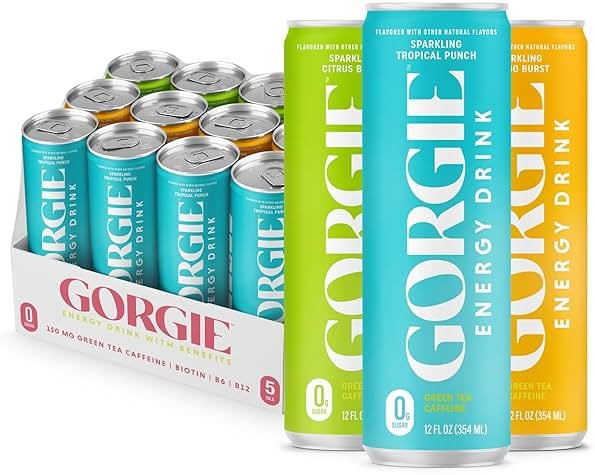 GORGIE Tropical Variety, Sugar-Free Natural Energy Drink Sparkling, Healthy Energy Drinks - Green Tea, Biotin, B Vitamins -150mg Caffeine, Vegan, & Low Calorie (Pack of 12) - Product Image