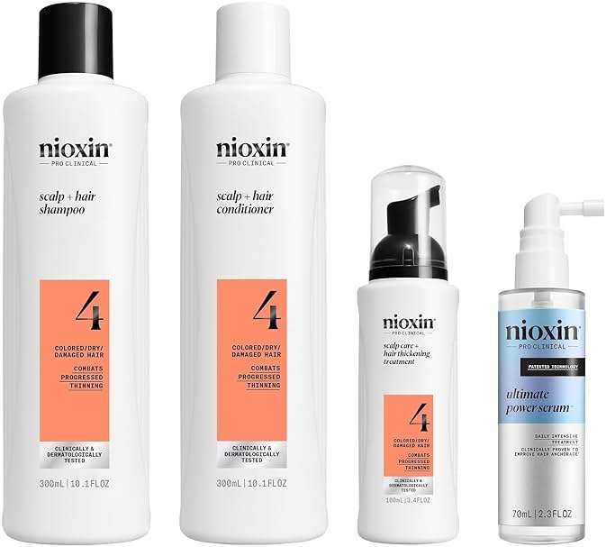 Nioxin Scalp + Hair Thickening System 4 Kit | For Colored, Dry, & Damaged-Hair with Progressed Thinning | Cleanse, Condition, & Treat + Fall Defense Intensive Daily Leave-In Treatment Serum | Bundle - Product Image