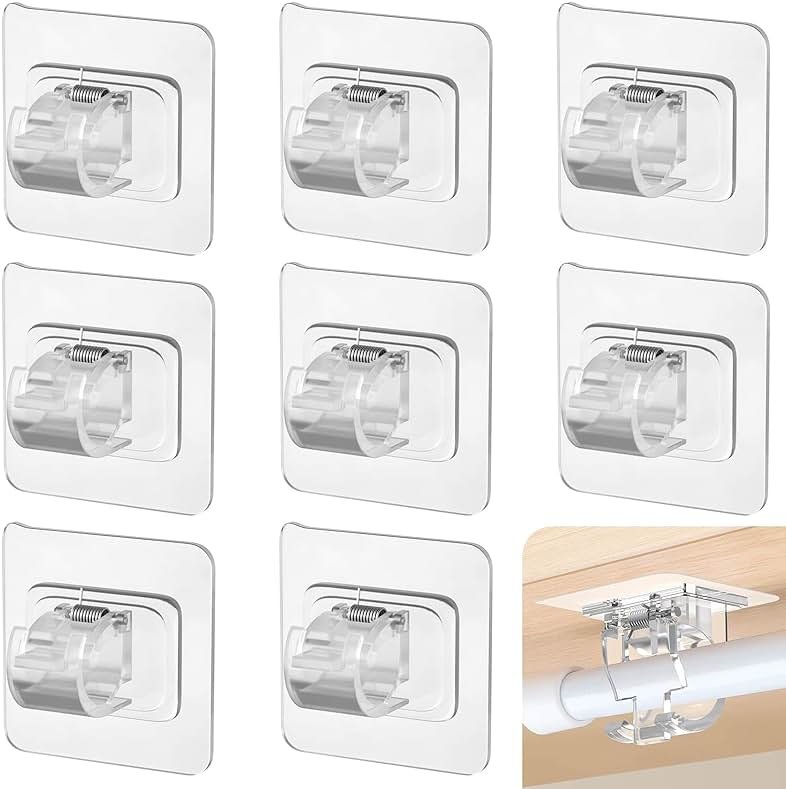 8 Pcs Adhesive Curtain Rod Holder Hooks Self-Adhesive Curtain Rod Bracket No Drill Curtain Hangers Nail Free Adjustable Curtain Rod Holder Curtain Pole Wall Brackets for Home Bathroom Kitchen - Product Image