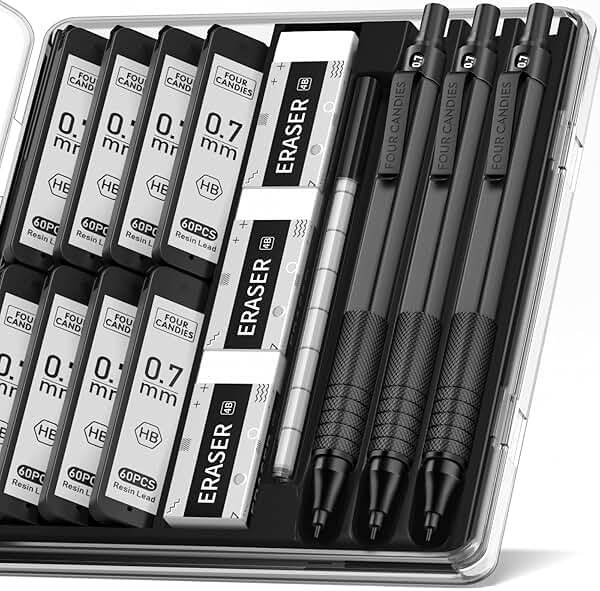Four Candies Mechanical Graphite Pencil Set, 3pcs Black Metal Pencils with Anti-Skid Grip, Ideal for Artists, Professionals, Teachers and Students - Product Image