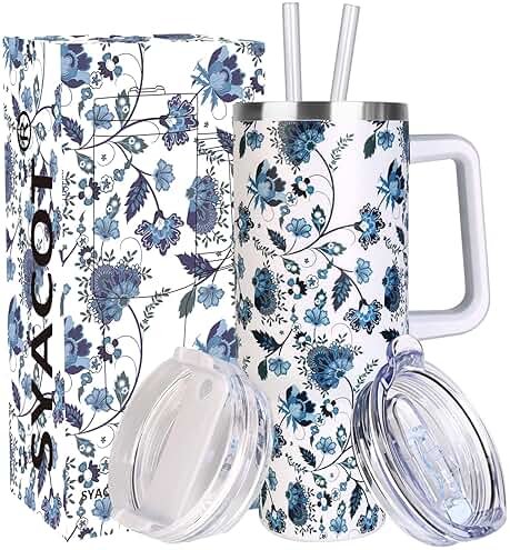SYACOT 40 oz Tumbler with Handle and Straw Stainless Steel Insulated Tumbler Leak Proof Lid and Straw Lid Reusable Travel Mug Coffee Mug Cup Dishwasher Safe Keep Drinks Cold and Hot (Ceramics) - Product Image