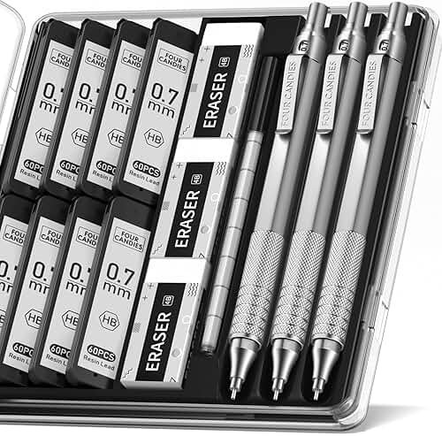 Four Candies 0.7mm Mechanical Pencil Set with Case, 3PCS Metal Artist Lead Pencil with 8 Tubes (480PCS) HB Lead Refills, 3 Erasers, 9 Eraser Refills For Engineer Art Writing Drawing Drafting, Silver - Product Image