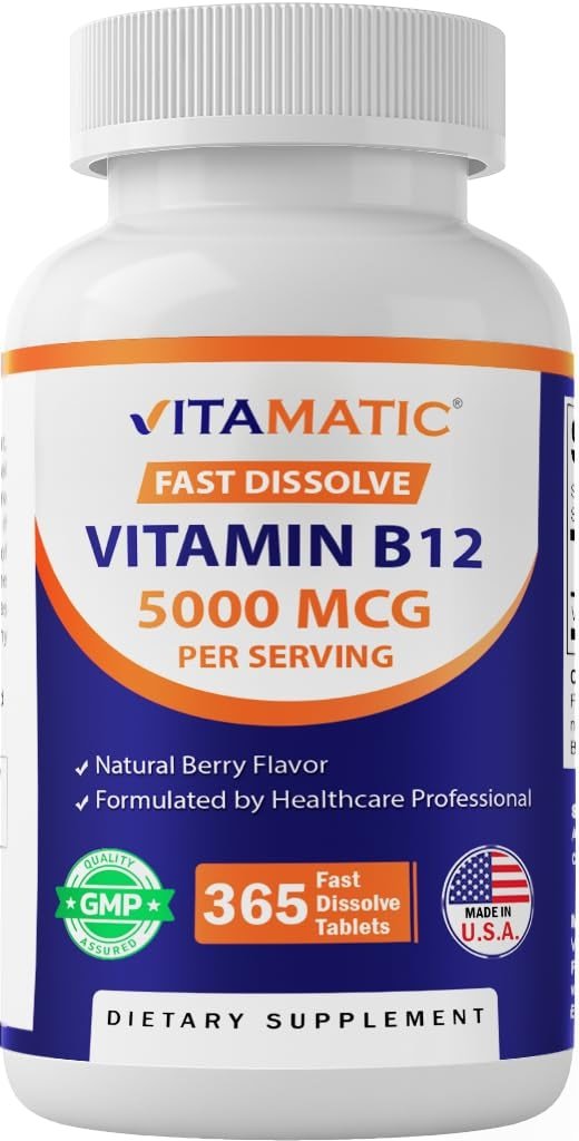Vitamatic Vitamin B12 5000 mcg – 365 Fast Dissolve Tablets Berry Flavor – Supports Energy Production & Nervous System Health – Non-GMO, Gluten-Free - Product Image