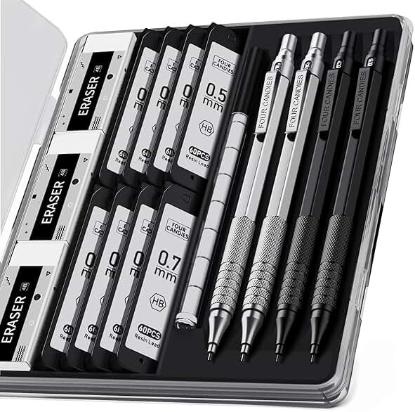 Four Candies 4PCS 0.5mm & 0.7 mm Metal Mechanical Pencils Set, 480PCS Lead Refills, 12 Erasers, Cool Lead Pencil with Case for School Writing, Sketching, Technical Work, Art Projects, Black & Silver - Product Image