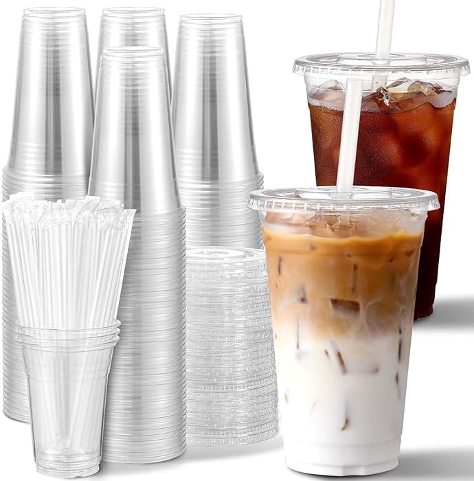 AOZITA [100 Sets] 16 oz Clear Plastic Cups With Lids and Straws, Disposable Cups With Lids for Iced Coffee, Smoothie, Milkshake and Cold Drinks (New-16-100) - Product Image