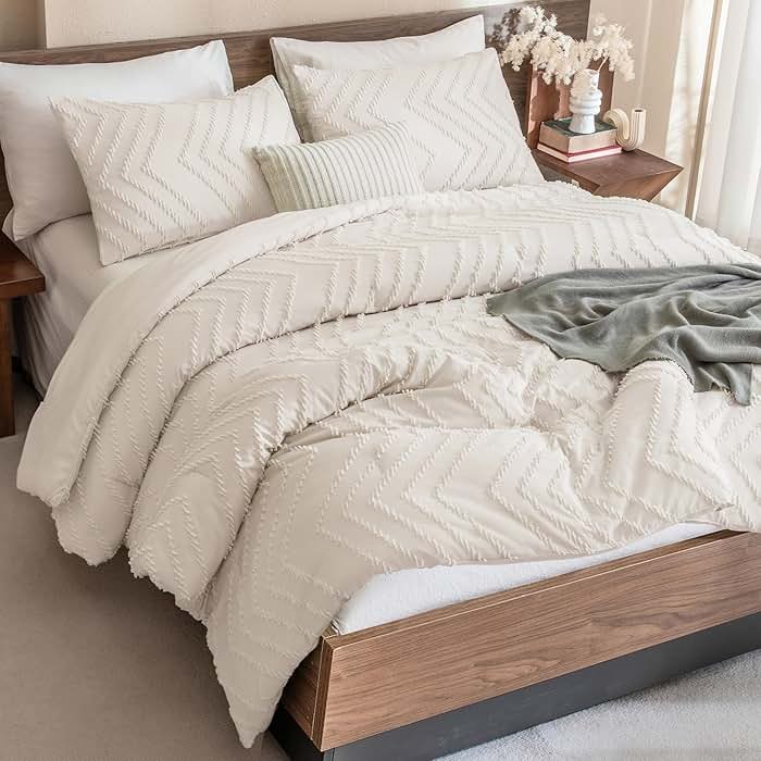 Andency King Size Comforter Set Beige, Boho Cream Soft Warm Tufted Neutral Bedding Comforter Sets for King Size Bed, 3 Pieces Aesthetic Chevron Farmhouse Cute Bohemian Textured Bedding Set - Product Image