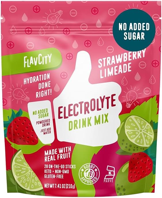 FlavCity Strawberry Limeade Electrolytes Powder Packets - 28 Hydration Packets - No Added Sugar - Hydration Powder with Real Fruit & Unrefined Sea Salt - Keto & Gluten-Free (28 Stick Packs) - Product Image