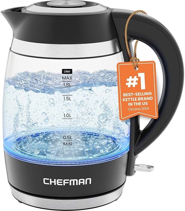 Chefman Electric Kettle, 1.8L 1500W, Hot Water Boiler, Removable Lid for Easy Cleaning, Auto Shut Off, Boil-Dry Protection, Stainless Steel Filter, BPA Free, Borosilicate Glass Electric Tea Kettle - Product Image