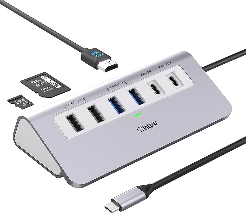 intpw USB C Hub, P9 USB C Hub Multiport Adapter with 4K@60Hz HDMI, PD 100W, Type-C & 2 USB A 3.0 5Gbps, 2 USB A 2.0, SD/TF Card Reader, Aluminum USB Hub for Laptop, iPhone 17 Series, MacBook, iPad - Product Image