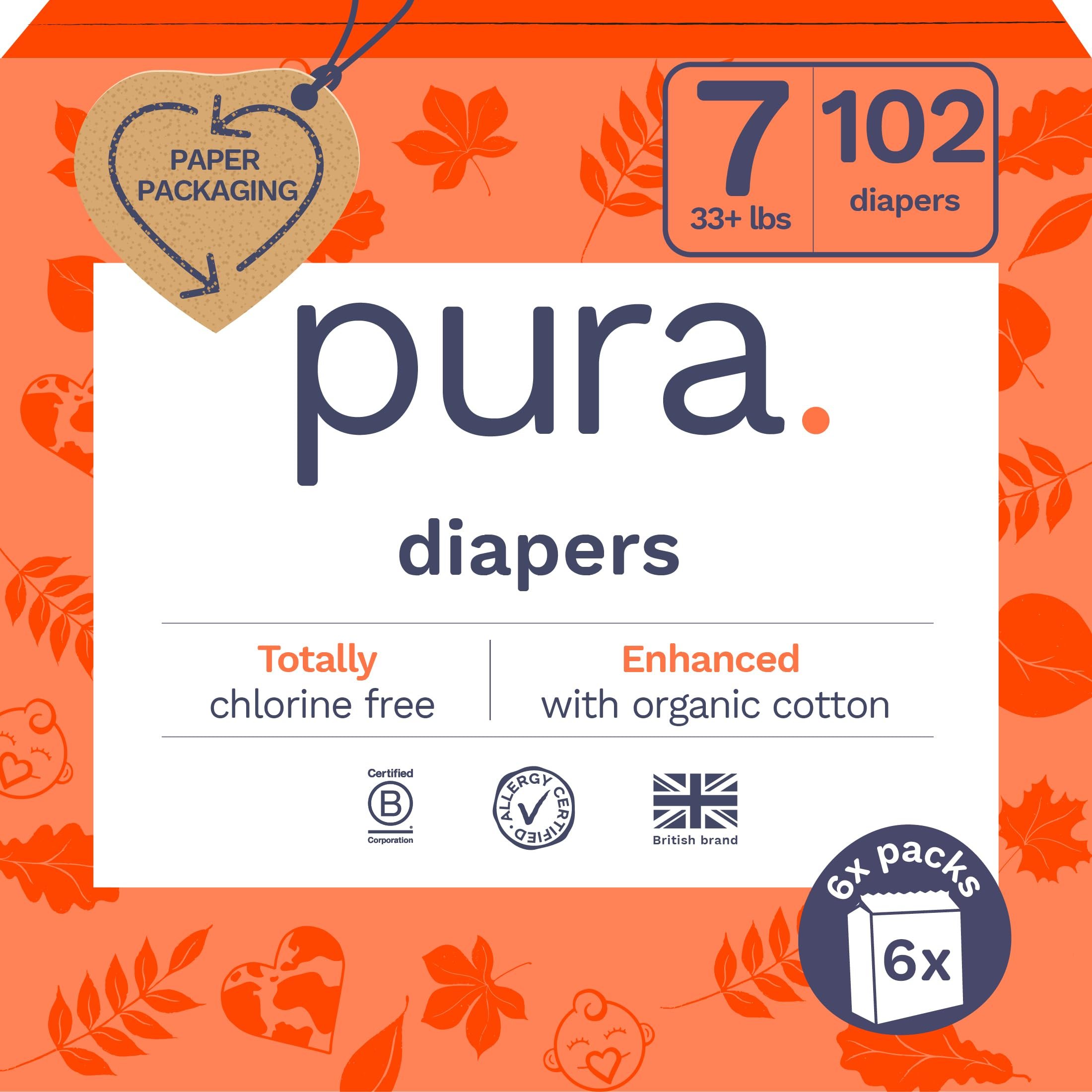 Pura Size 7 Eco-Friendly Diapers (33+lbs) Hypoallergenic, TCF, Soft Organic Cotton, Sustainable, up to 12 Hours Leak Protection, Allergy UK, Recyclable Paper Packaging, 6 Packs of 17 (102 Diapers) - Product Image