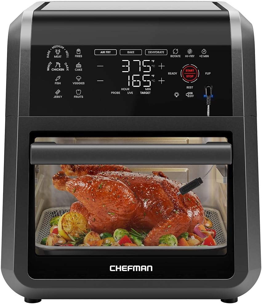 CHEFMAN ExacTemp™ 12 Quart 5-in-1 Air Fryer with Integrated Smart Cooking Thermometer, 28 Touchscreen Presets, Rotisserie, Dehydrator, Bake, XL Convection Oven with Auto Shutoff, Black - Product Image