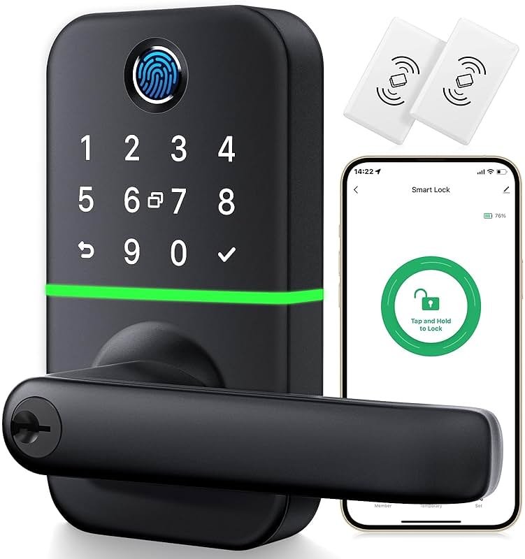 Keypad Smart Door Lock with Handle: Kucacci Keyless Entry Fingerprint Lock - Digital Code Handle with Keypad - Electronic Smart Knob for Front Door - Deadbolt Alternative with App - Easy Installation - Product Image