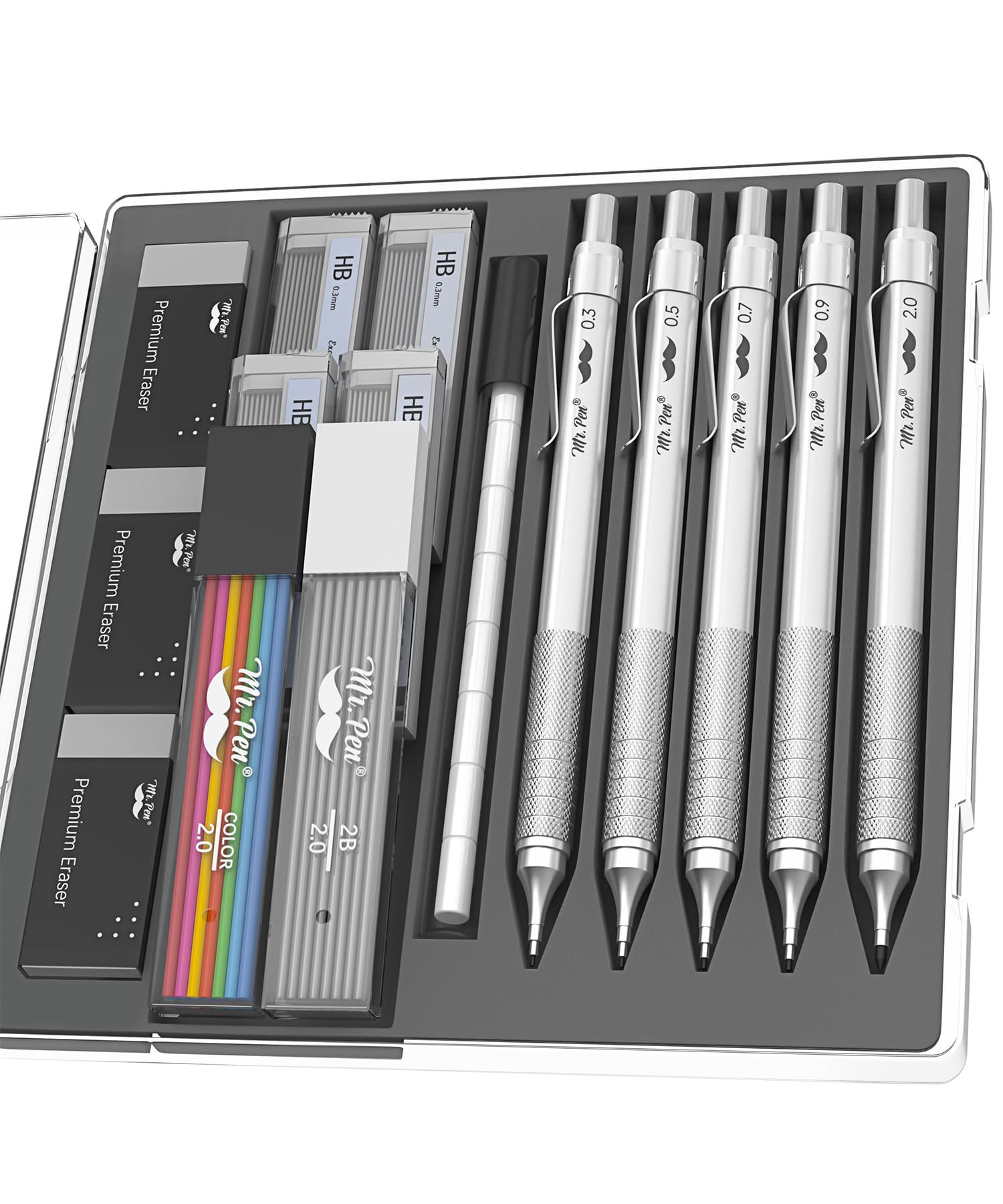 Mr. Pen- Professional Metal Mechanical Pencil Set with Lead Refills & Erasers, 5 Pack, 5 Sizes, 0.3, 0.5, 0.7, 0.9 & 2mm, 6x Tubes HB, 2B & Colored Lead Refills for School Supplies, Drawing, Sketching - Product Image