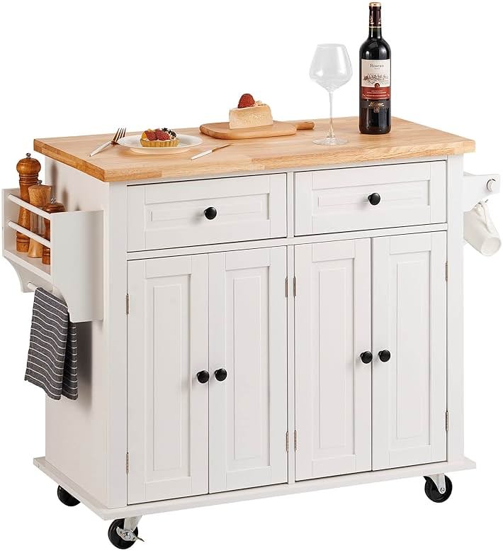 VEVOR Kitchen Island Cart with Solid Wood Top, 35.4" Width Mobile Carts with Storage Cabinet, Rolling Kitchen Table with Spice Rack, Towel Rack, and Drawer, Portable Islands on Wheels, White - Product Image