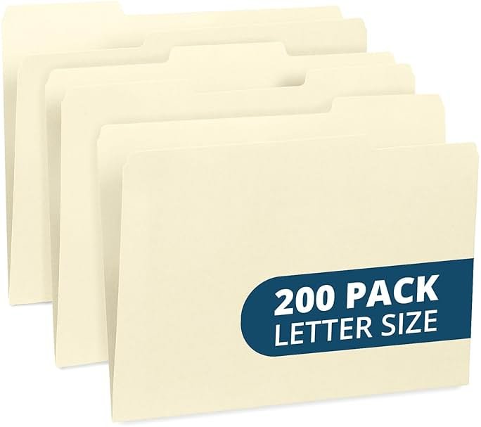 Blue Summit Supplies 200 File Folders, Letter Size, 1/3 Cut Tab, Manila | Durable 11pt Uncoated Paper, 1/3 Cut Top Tab, Assorted Tab Positions, for Office, School, and Home Filing - Product Image