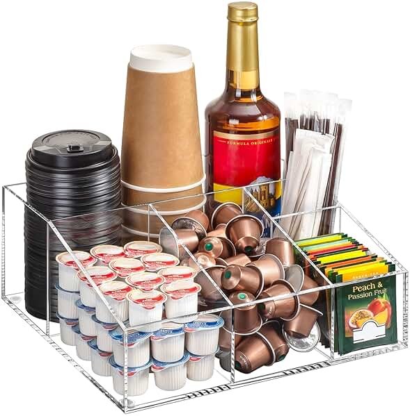BEYGORM Acrylic Coffee Bar Station Organizer for Countertop,Office Breakroom Clear Snack Tea Storage Accessories Holder for Kcup Pod Condiment Cup Sugar Creamer Syrup, Coffee Gift for Coffee Lovers - Product Image