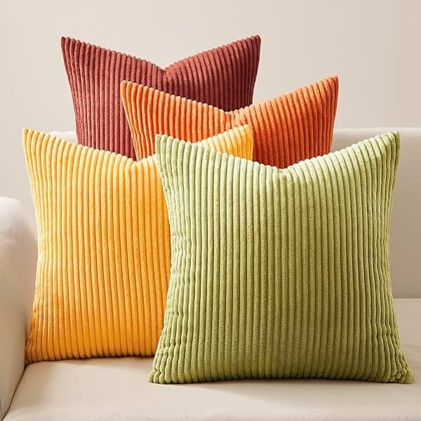 Topfinel Fall Burnt Orange Decorative Throw Pillows Covers 18x18 Inch Set of 4,Yellow Green Gradient Series Corduroy Striped Square Pillow Case,Western Modern Cushion Cover for Couch Sofa Bedroom - Product Image
