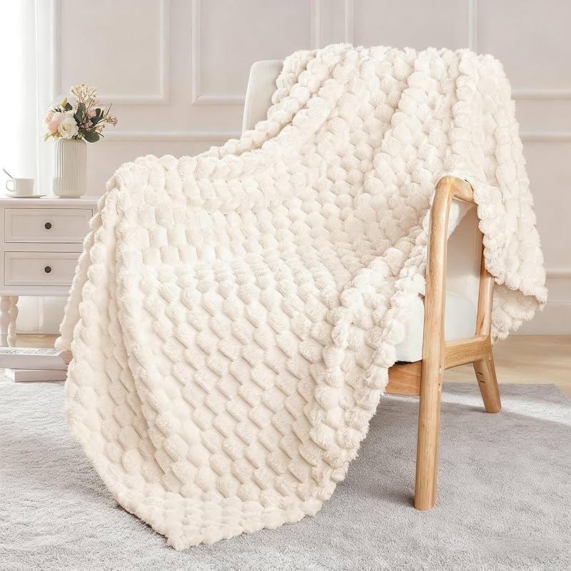 Exclusivo Mezcla Fleece Throw Blanket for Couch, Extra Large Fuzzy Ivory Bed Blankets, Soft Cozy Plush Sofa Throws for All Seasons, 50x70 Inches - Product Image
