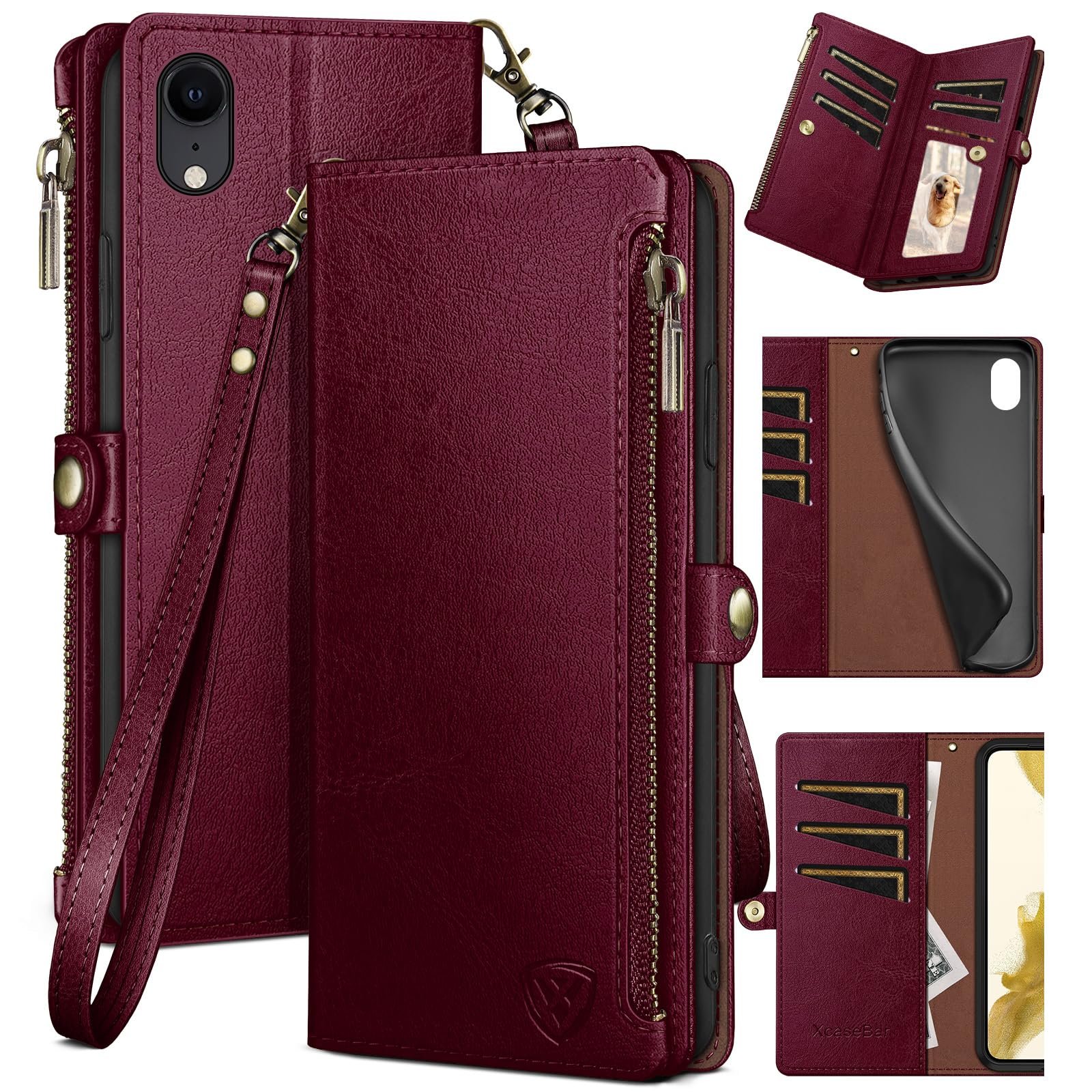 XcaseBar for iPhone XR 6.1" Wallet case with 【RFID Blocking】 Zipper Credit Card Holder, Flip Folio Book PU Leather Phone case Shockproof Cover Women Men for Apple XR case Wine Red - Product Image