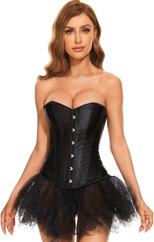 LEACOOLKEY Women Lace-up Bustier Corset Top Sexy Overbust Body Shapewear Waist Cincher Corset - Product Image