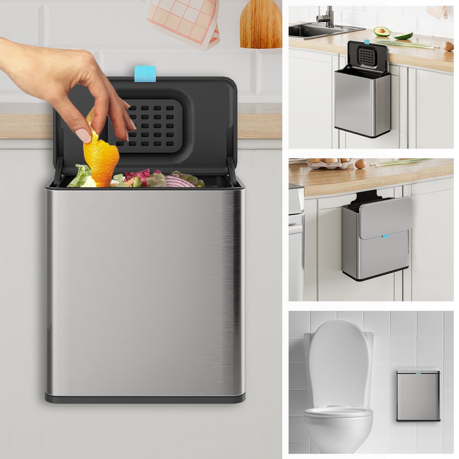LINSSEN Stainless Steel Hanging Trash Can with Lid and Inner Bucket, 2 Gallon Kitchen Compost Bin for Counter Top, Under Sink or Wall Mount, Small Garbage Can for Cupboard/Bathroom/Bedroom/RV - Product Image