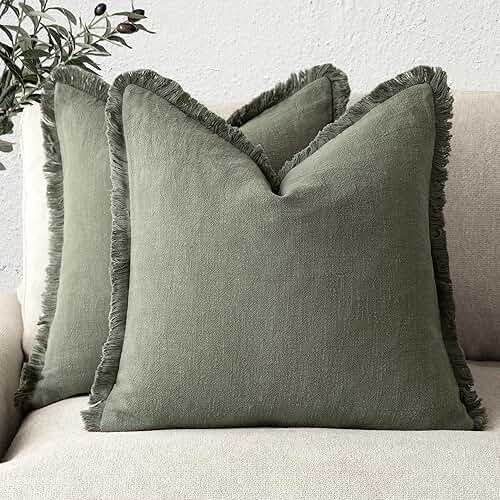 Foindtower Set of 2 Decorative Linen Fringe Throw Pillow Covers Cozy Boho Farmhouse Cushion Cover with Tassels Soft Accent Pillowcase for Couch Sofa Bed Living Room Home Decor,18×18 Inch,Olive Green - Product Image