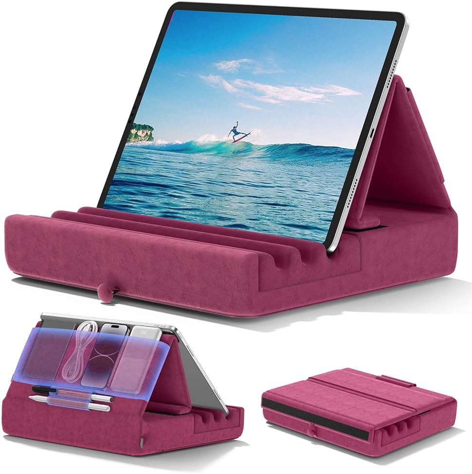 KDD Tablet Pillow Holder, Foldable iPad Stand for Lap, Bed and Desk -Tablet Soft Pad Dock with Pocket & Stylus Mount Compatible with iPad Pro 12.9, 10.5, 9.7 Air Mini 6 5 4 3, Galaxy Tab, E-Reader - Product Image