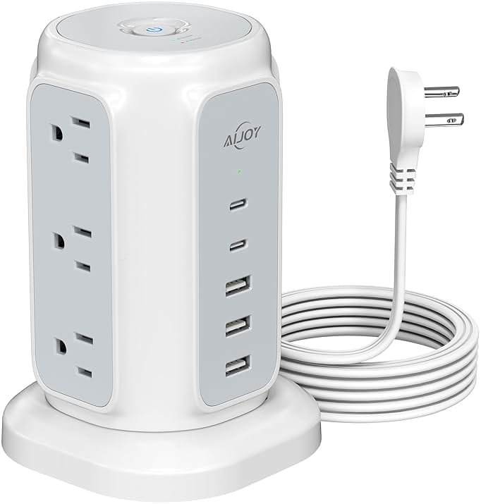 AiJoy Flat Plug Power Strip Tower 9 Outlets and 5 USB Ports (2 USB-C), 1200J Surge Protection, 6.5ft 1625W Extension Cord Charging Station for Home, Office Supplies, Dorm Essentials - Product Image